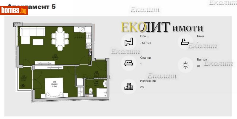 Двустаен, 76m² - Жк. Левски, София - Апартамент за продажба - Еколит - 112695212