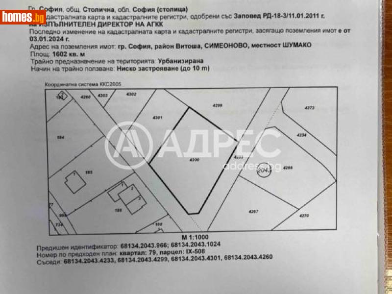 Парцел, 1602m² - Кв. Симеоново, София - Парцел за продажба - АДРЕС НЕДВИЖИМИ ИМОТИ - 116174805