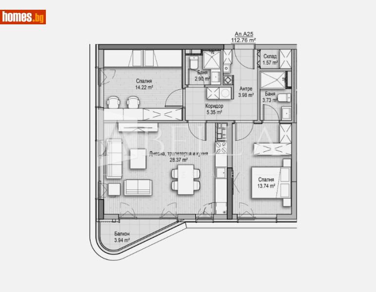 Тристаен, 112m² - Кв. Витоша, София - Апартамент за продажба - Абела - 116600911