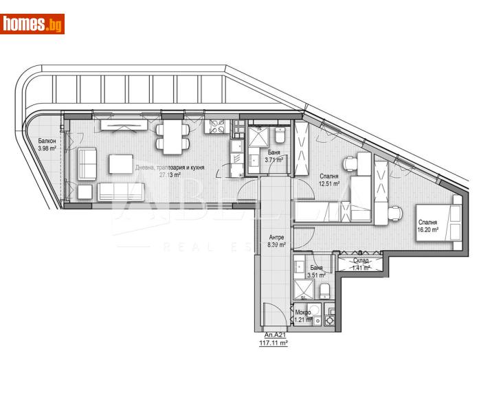 Тристаен, 117m² - Кв. Витоша, София - Апартамент за продажба - Абела - 116898749